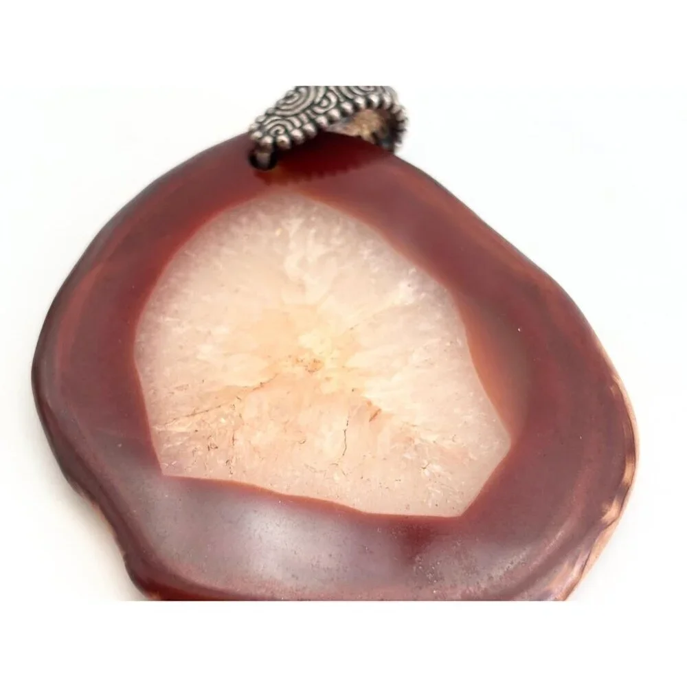 Polished Brown Crystal Free-Form Shaped Large Silver Toned Vintage Pendant